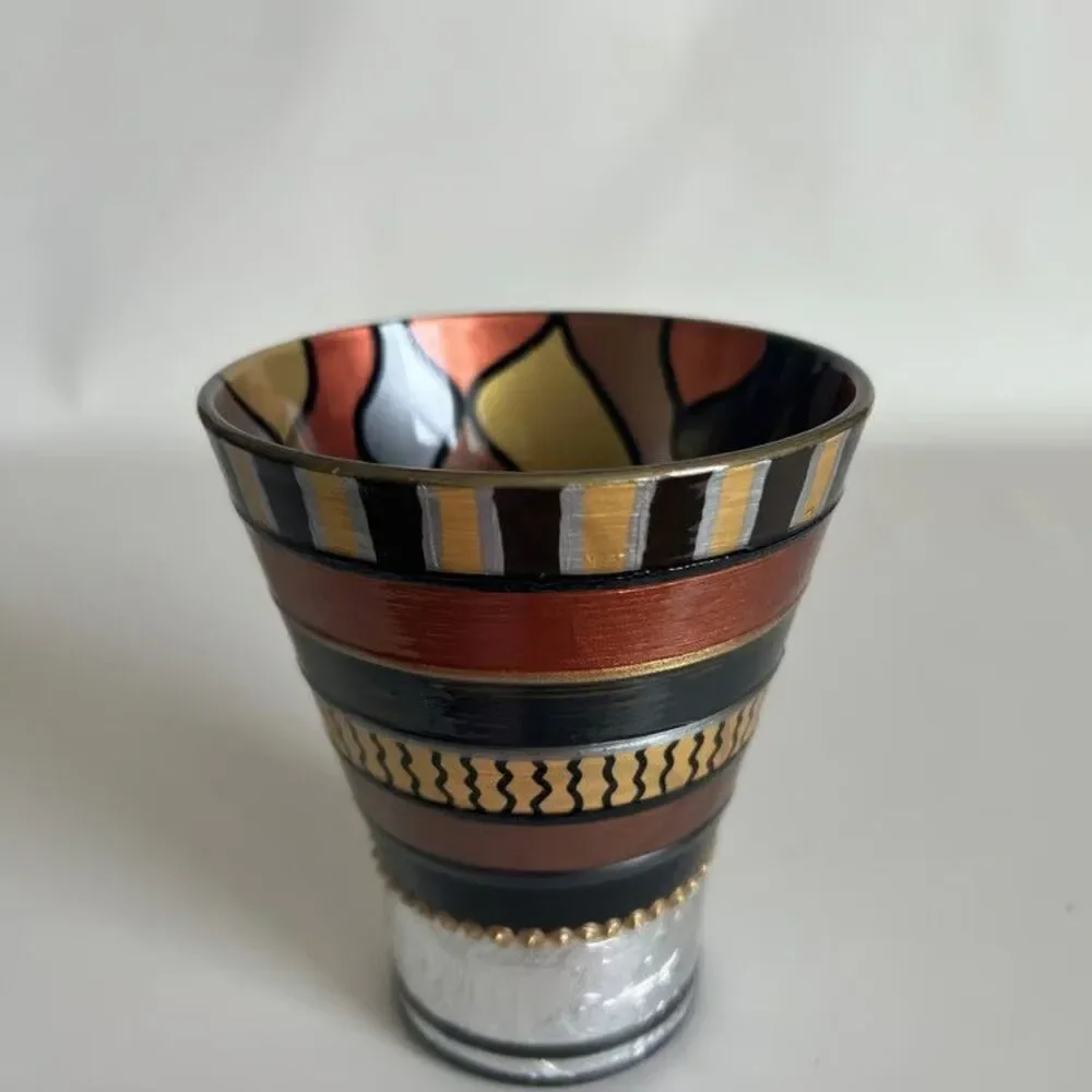 Hand Painted Art Glass Votive Holder Vase AR Signed Metallic Copper Gold Tribal
